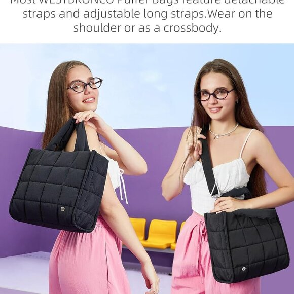 s for Women Quilted Tote Bag Puffy Weekender Overnight Bag Nylon Shoulder Handba - Picture 5 of 6